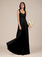 KissDress-Cerelia Black A Line V Neck Chiffon Long Bridesmaid Dress with Pleats