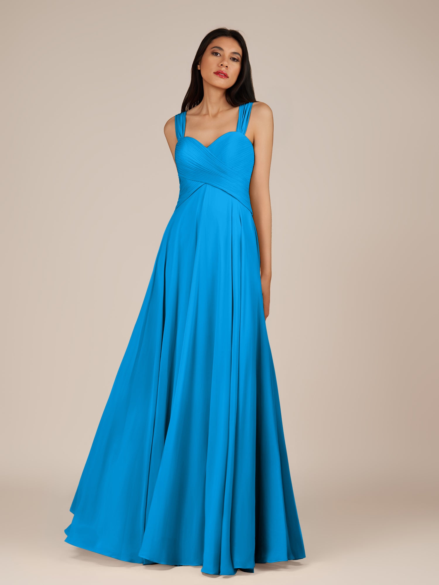 KissDress-Cerelia Blue Jay A Line V Neck Chiffon Long Bridesmaid Dress with Pleats