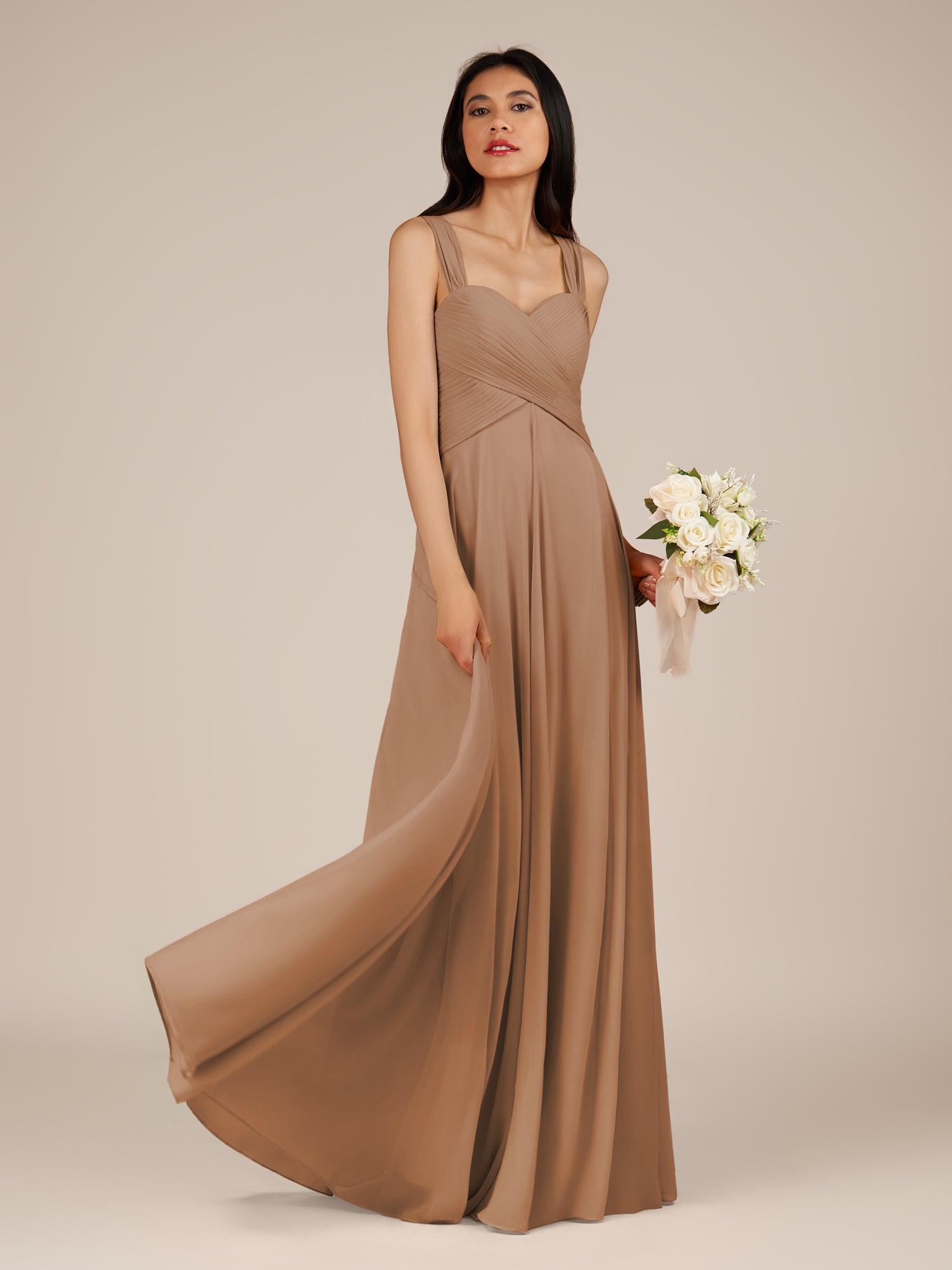 KissDress-Cerelia Bronzer A Line V Neck Chiffon Long Bridesmaid Dress with Pleats