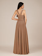 KissDress-Cerelia Bronzer A Line V Neck Chiffon Long Bridesmaid Dress with Pleats