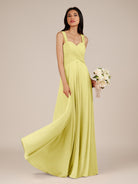KissDress-Cerelia Buttercup A Line V Neck Chiffon Long Bridesmaid Dress with Pleats