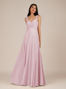 KissDress-Cerelia Candy Pink A Line V Neck Chiffon Long Bridesmaid Dress with Pleats