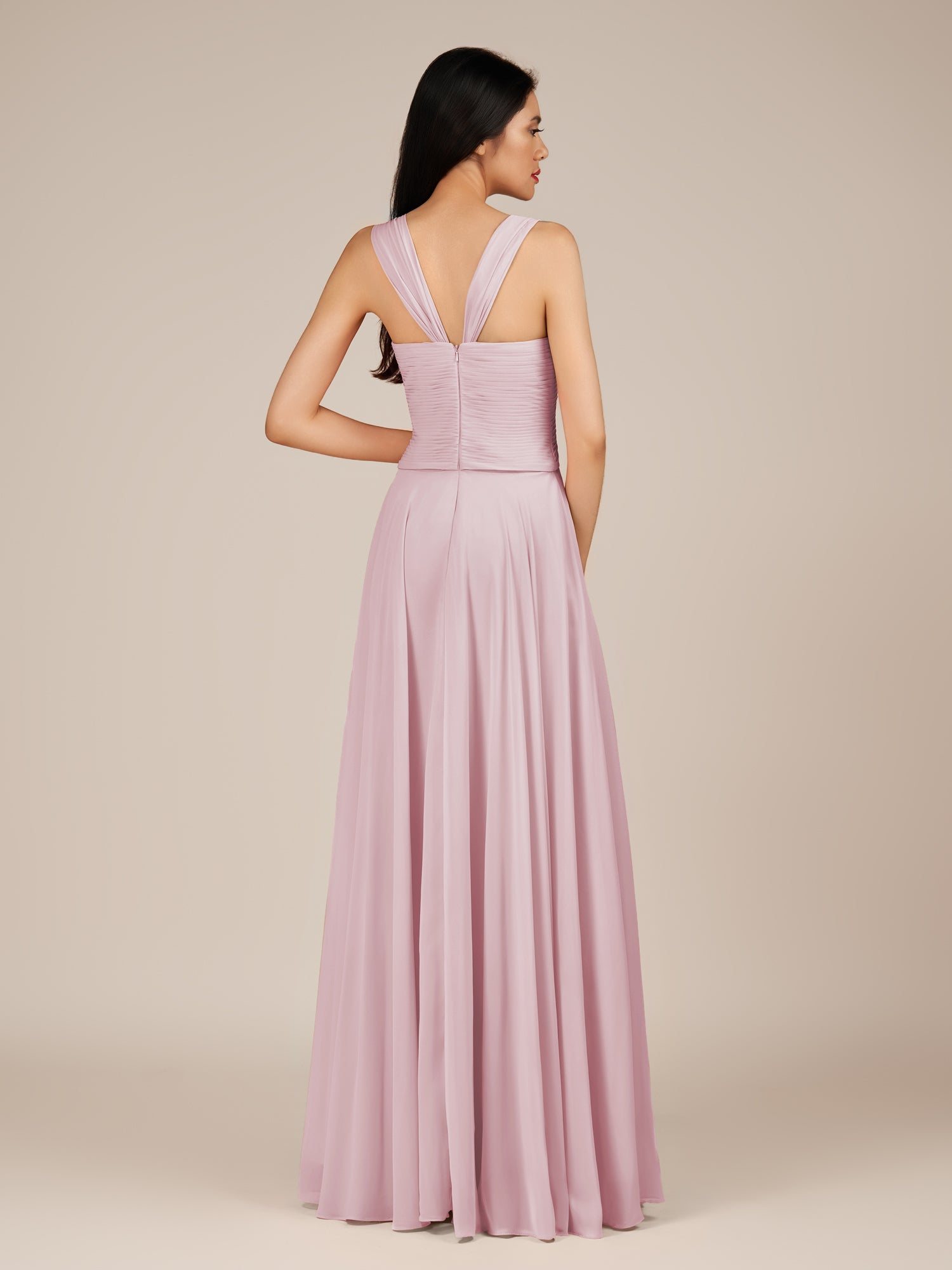 KissDress-Cerelia Candy Pink A Line V Neck Chiffon Long Bridesmaid Dress with Pleats