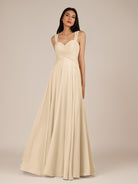 KissDress-Cerelia Champagne A Line V Neck Chiffon Long Bridesmaid Dress with Pleats