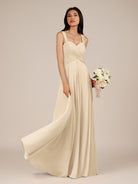 KissDress-Cerelia Champagne A Line V Neck Chiffon Long Bridesmaid Dress with Pleats