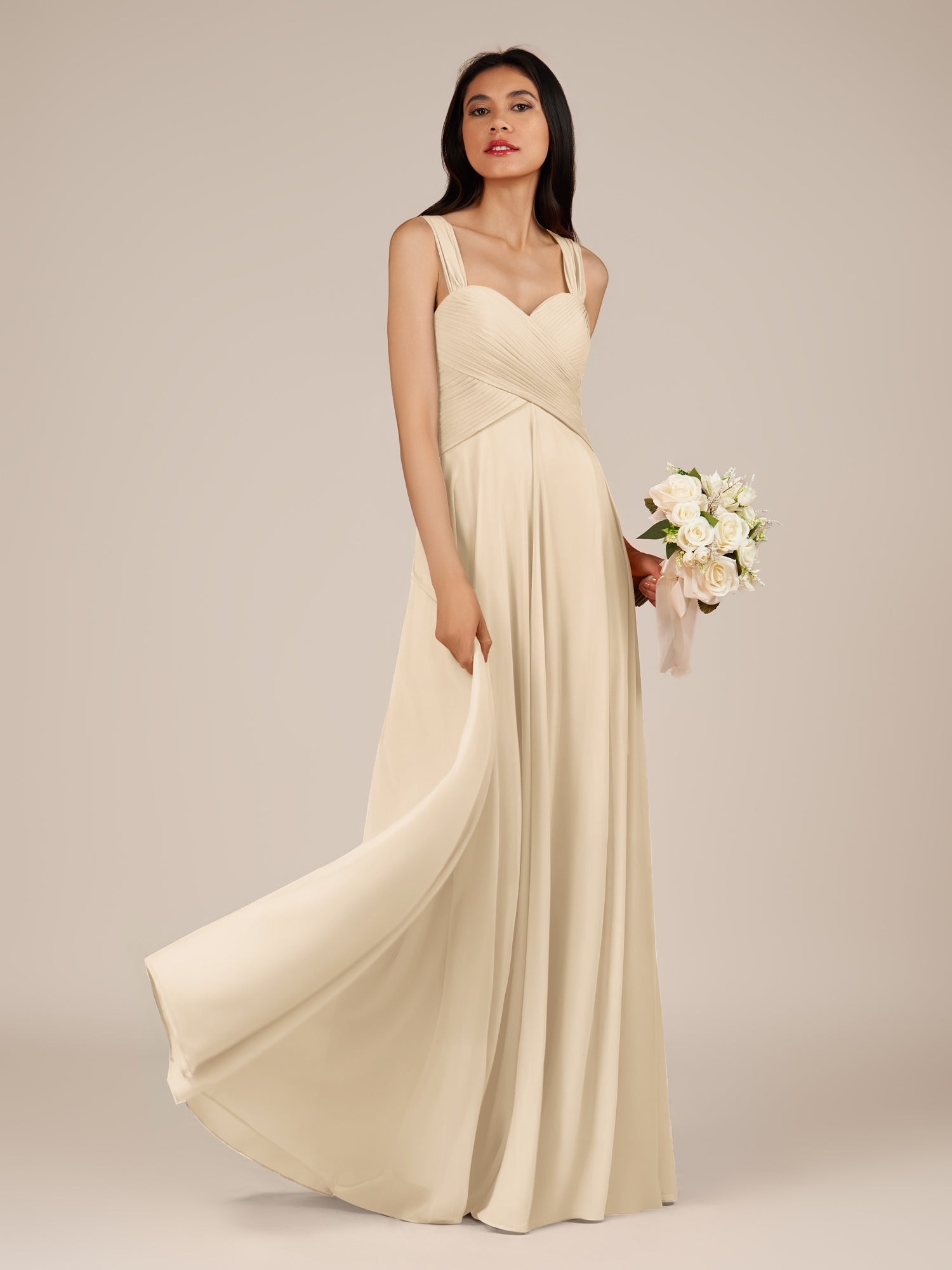 KissDress-Cerelia Champagne A Line V Neck Chiffon Long Bridesmaid Dress with Pleats