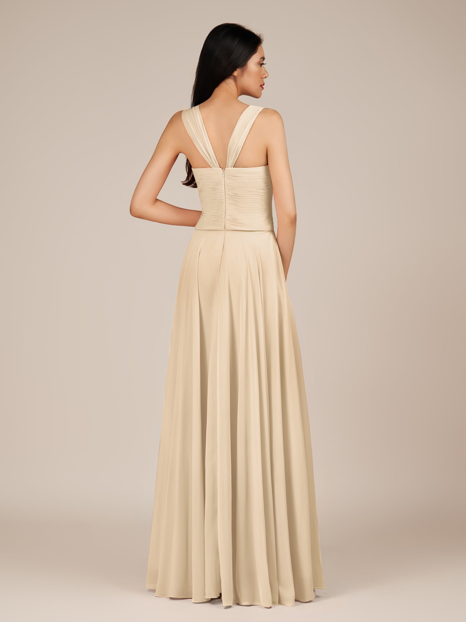 KissDress-Cerelia Champagne A Line V Neck Chiffon Long Bridesmaid Dress with Pleats
