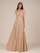 KissDress-Cerelia Champagne Rose A Line V Neck Chiffon Long Bridesmaid Dress with Pleats