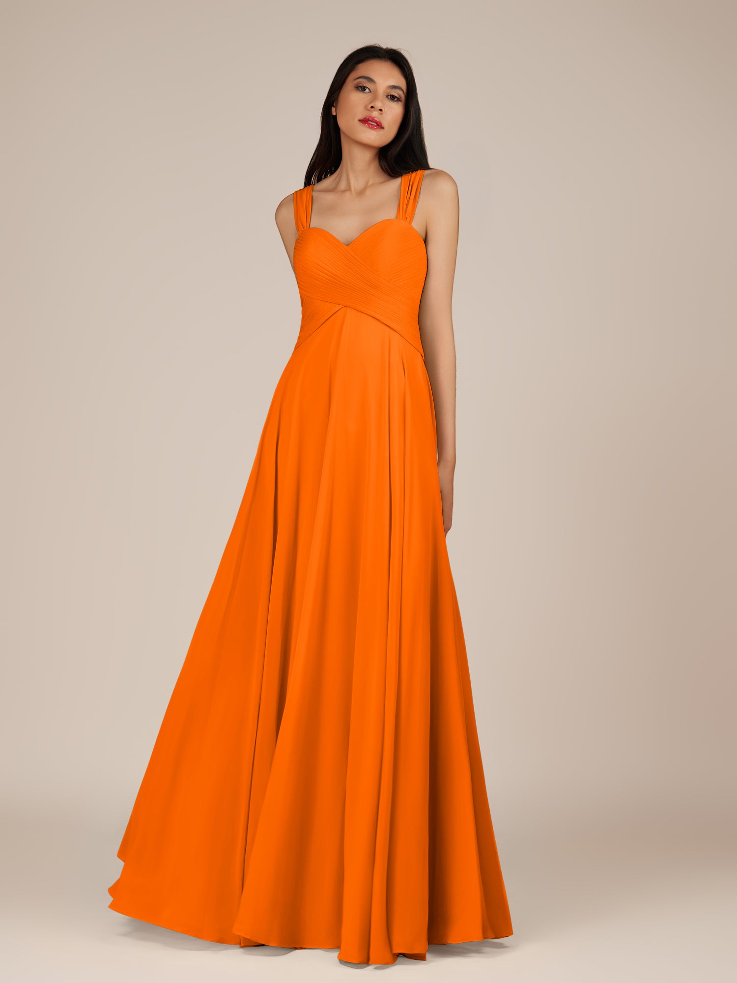 KissDress-Cerelia Cinnamon A Line V Neck Chiffon Long Bridesmaid Dress with Pleats