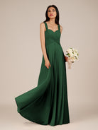 KissDress-Cerelia Dark Green A Line V Neck Chiffon Long Bridesmaid Dress with Pleats