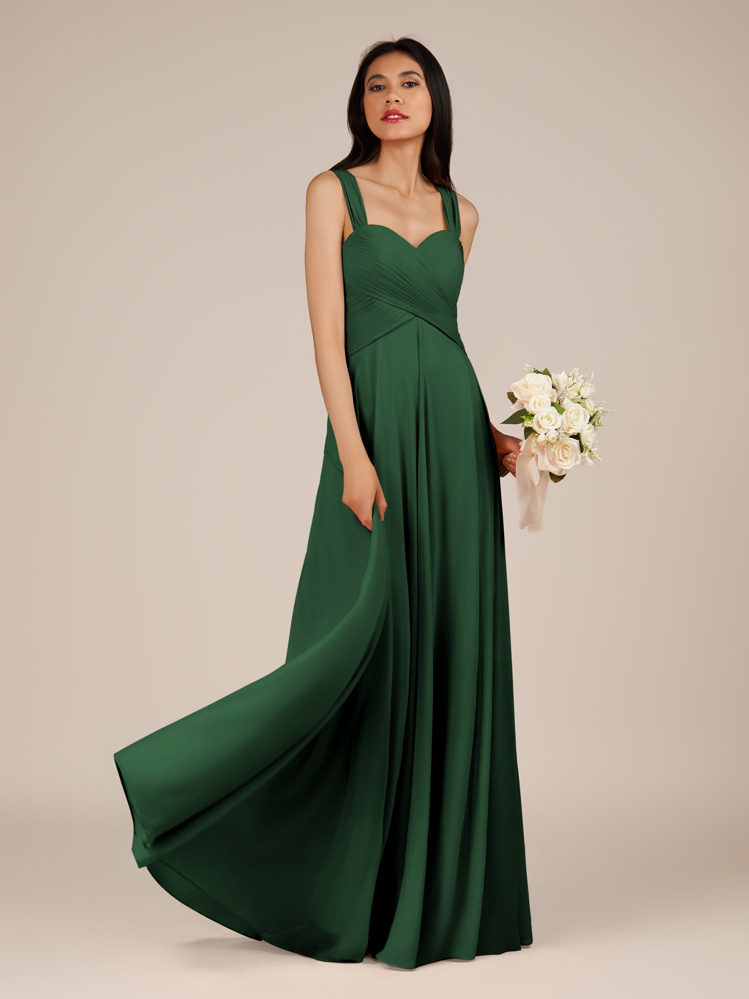 KissDress-Cerelia Dark Green A Line V Neck Chiffon Long Bridesmaid Dress with Pleats