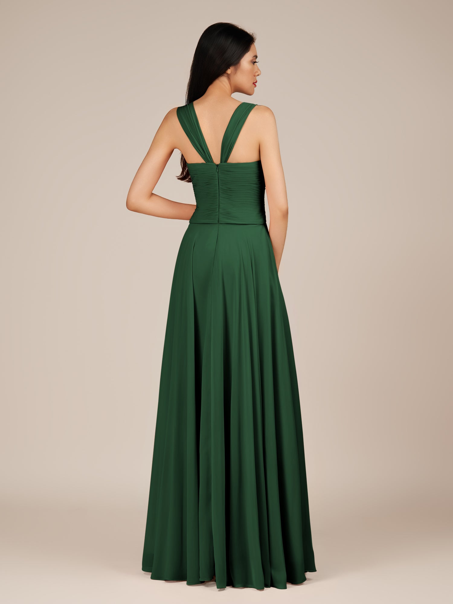 KissDress-Cerelia Dark Green A Line V Neck Chiffon Long Bridesmaid Dress with Pleats