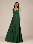 KissDress-Cerelia Dark Green A Line V Neck Chiffon Long Bridesmaid Dress with Pleats