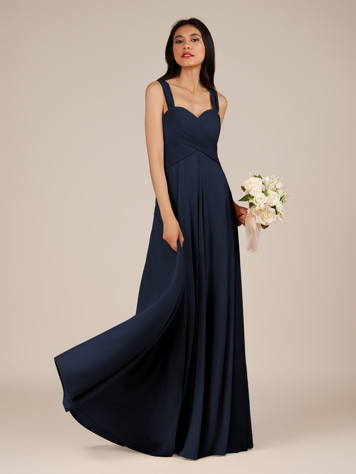KissDress-Cerelia Dark Navy A Line V Neck Chiffon Long Bridesmaid Dress with Pleats