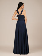KissDress-Cerelia Dark Navy A Line V Neck Chiffon Long Bridesmaid Dress with Pleats