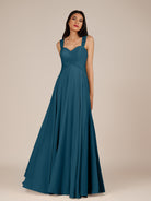 KissDress-Cerelia Dark Teal A Line V Neck Chiffon Long Bridesmaid Dress with Pleats