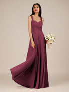 KissDress-Cerelia Desert Rose A Line V Neck Chiffon Long Bridesmaid Dress with Pleats