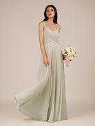 KissDress-Cerelia Dove Gray A Line V Neck Chiffon Long Bridesmaid Dress with Pleats