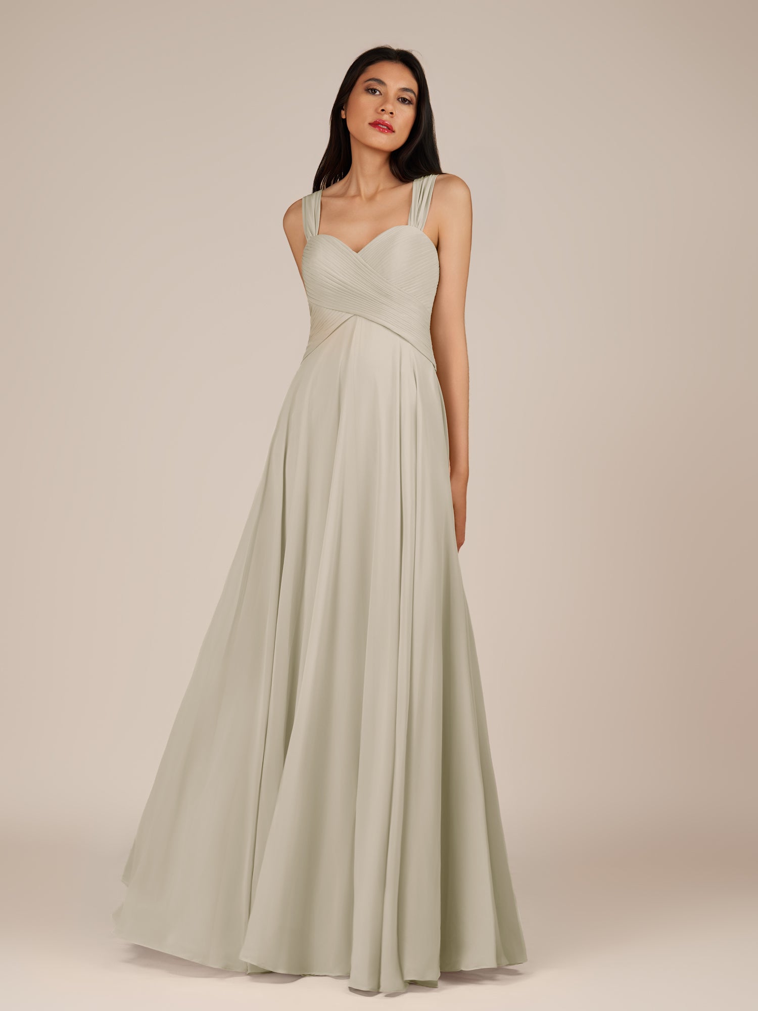 KissDress-Cerelia Dove Gray A Line V Neck Chiffon Long Bridesmaid Dress with Pleats