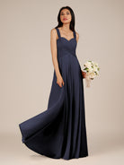 KissDress-Cerelia Dusk Blue A Line V Neck Chiffon Long Bridesmaid Dress with Pleats