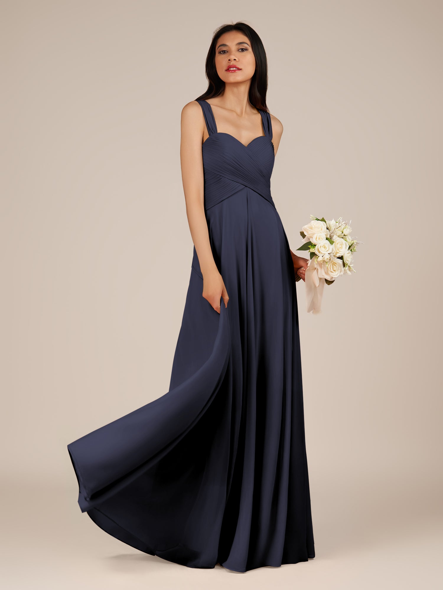 KissDress-Cerelia Dusk Blue A Line V Neck Chiffon Long Bridesmaid Dress with Pleats