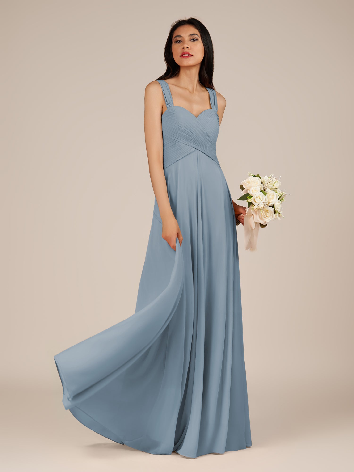 KissDress-Cerelia Dusty Blue A Line V Neck Chiffon Long Bridesmaid Dress with Pleats