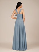 KissDress-Cerelia Dusty Blue A Line V Neck Chiffon Long Bridesmaid Dress with Pleats
