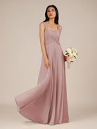KissDress-Cerelia Dusty Rose A Line V Neck Chiffon Long Bridesmaid Dress with Pleats