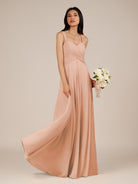 KissDress-Cerelia English Rose A Line V Neck Chiffon Long Bridesmaid Dress with Pleats