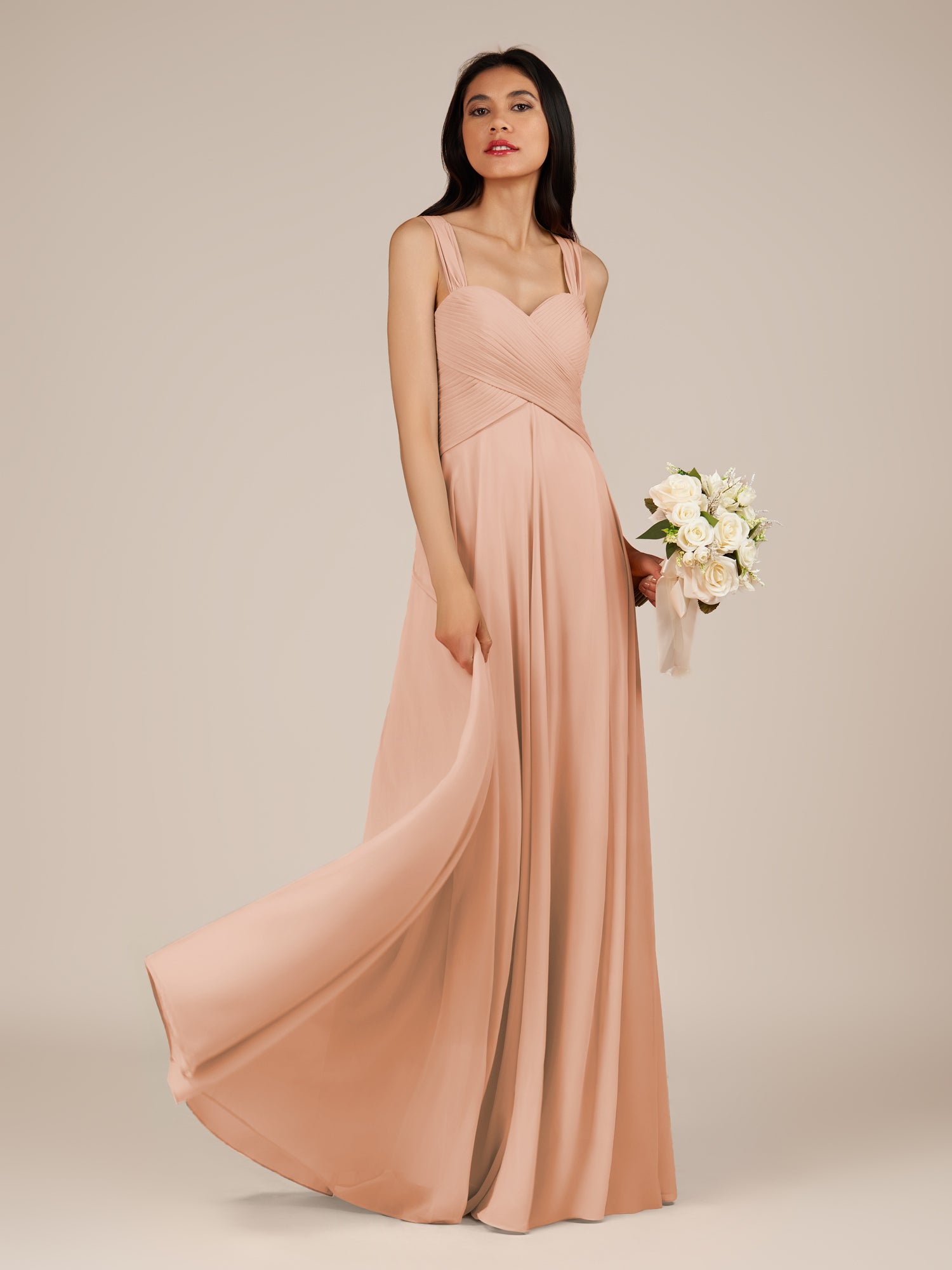 KissDress-Cerelia English Rose A Line V Neck Chiffon Long Bridesmaid Dress with Pleats
