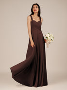 KissDress-Cerelia Espresso A Line V Neck Chiffon Long Bridesmaid Dress with Pleats