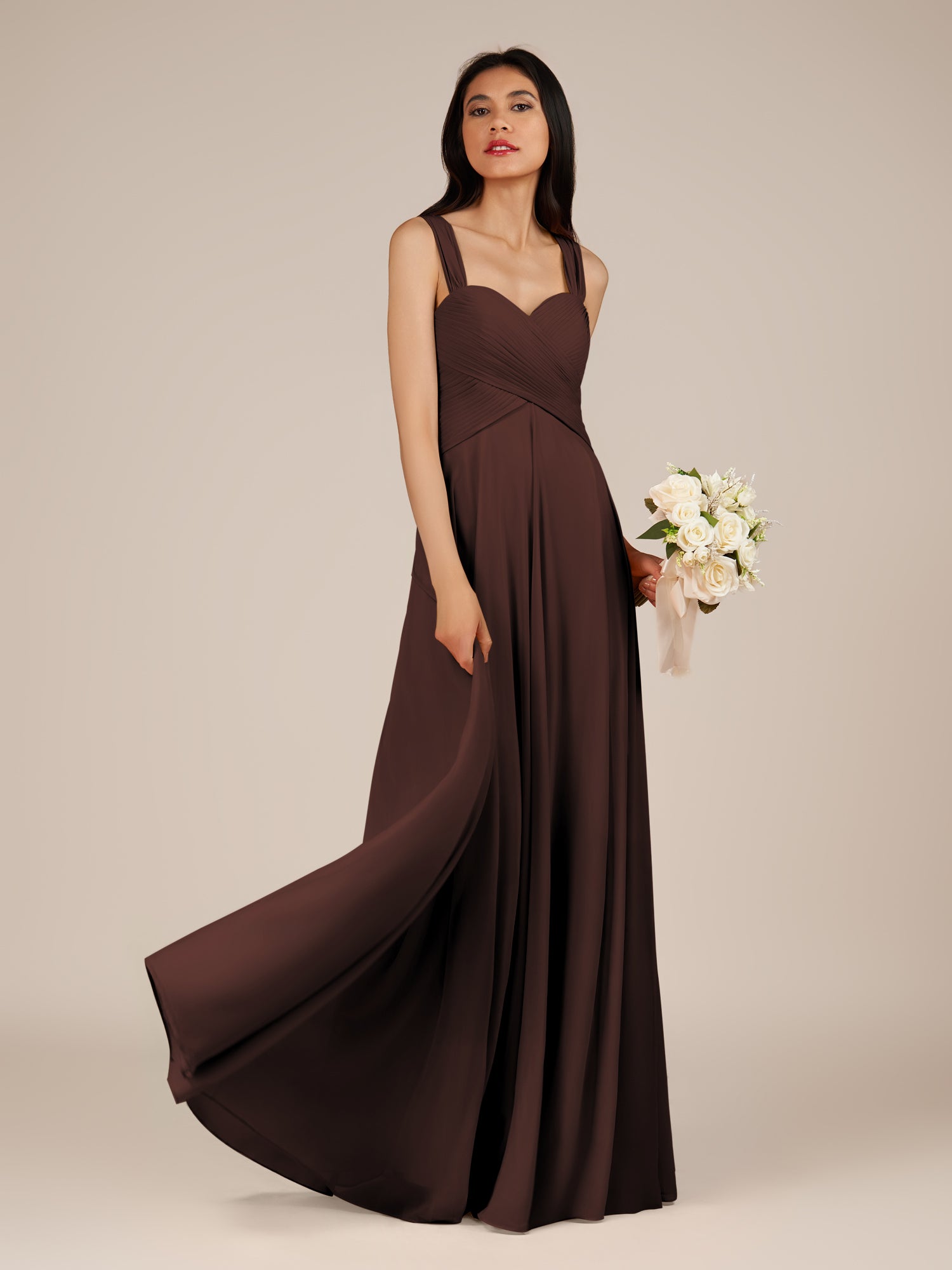 KissDress-Cerelia Espresso A Line V Neck Chiffon Long Bridesmaid Dress with Pleats