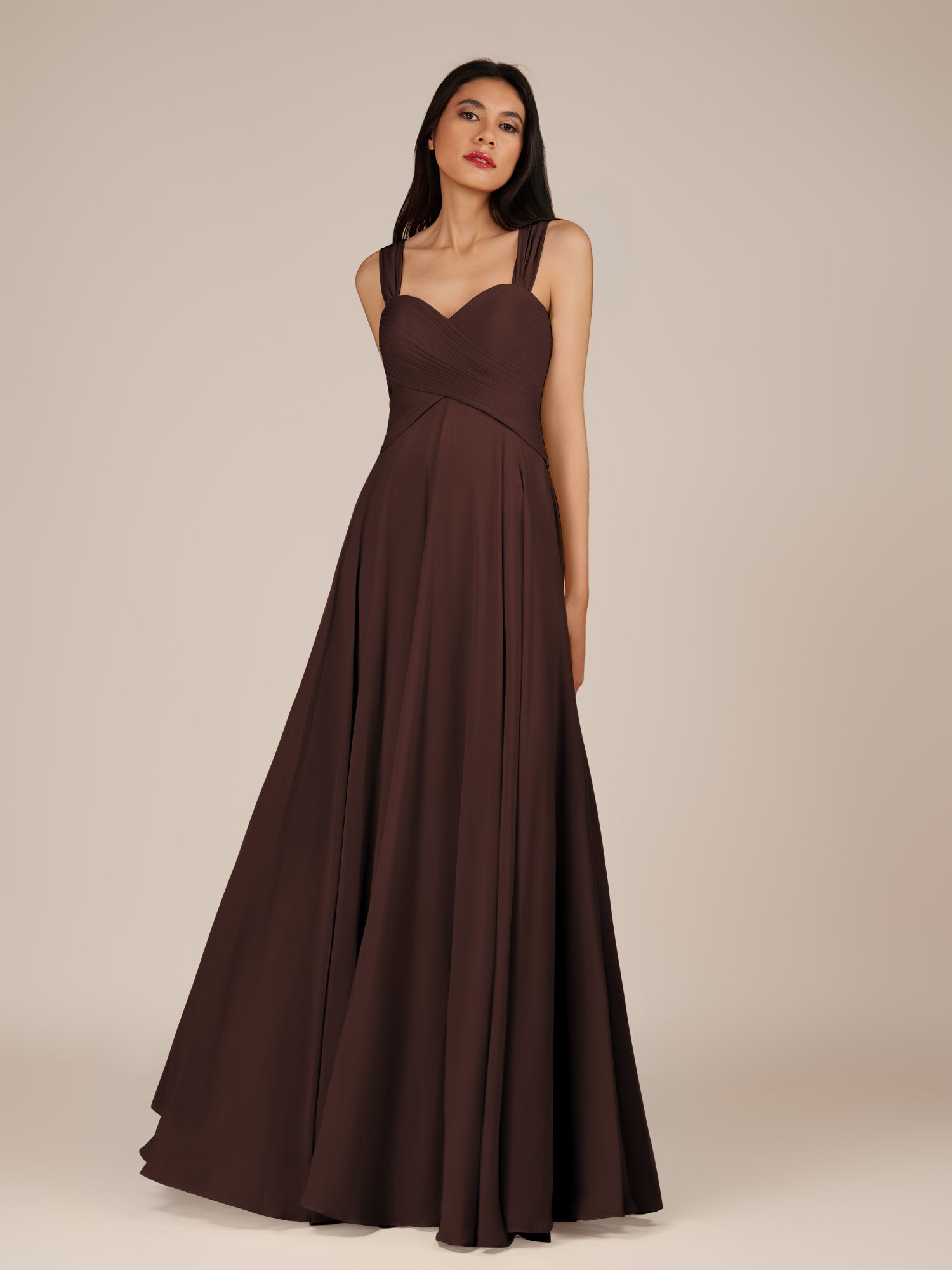 KissDress-Cerelia Espresso A Line V Neck Chiffon Long Bridesmaid Dress with Pleats