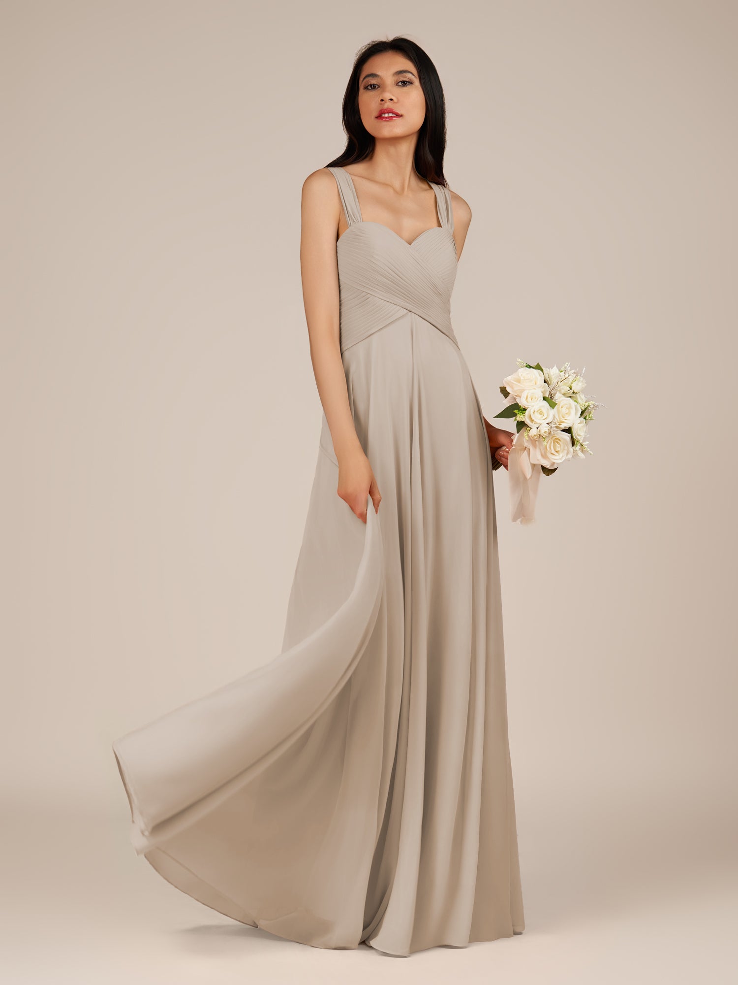 KissDress-Cerelia Frost A Line V Neck Chiffon Long Bridesmaid Dress with Pleats