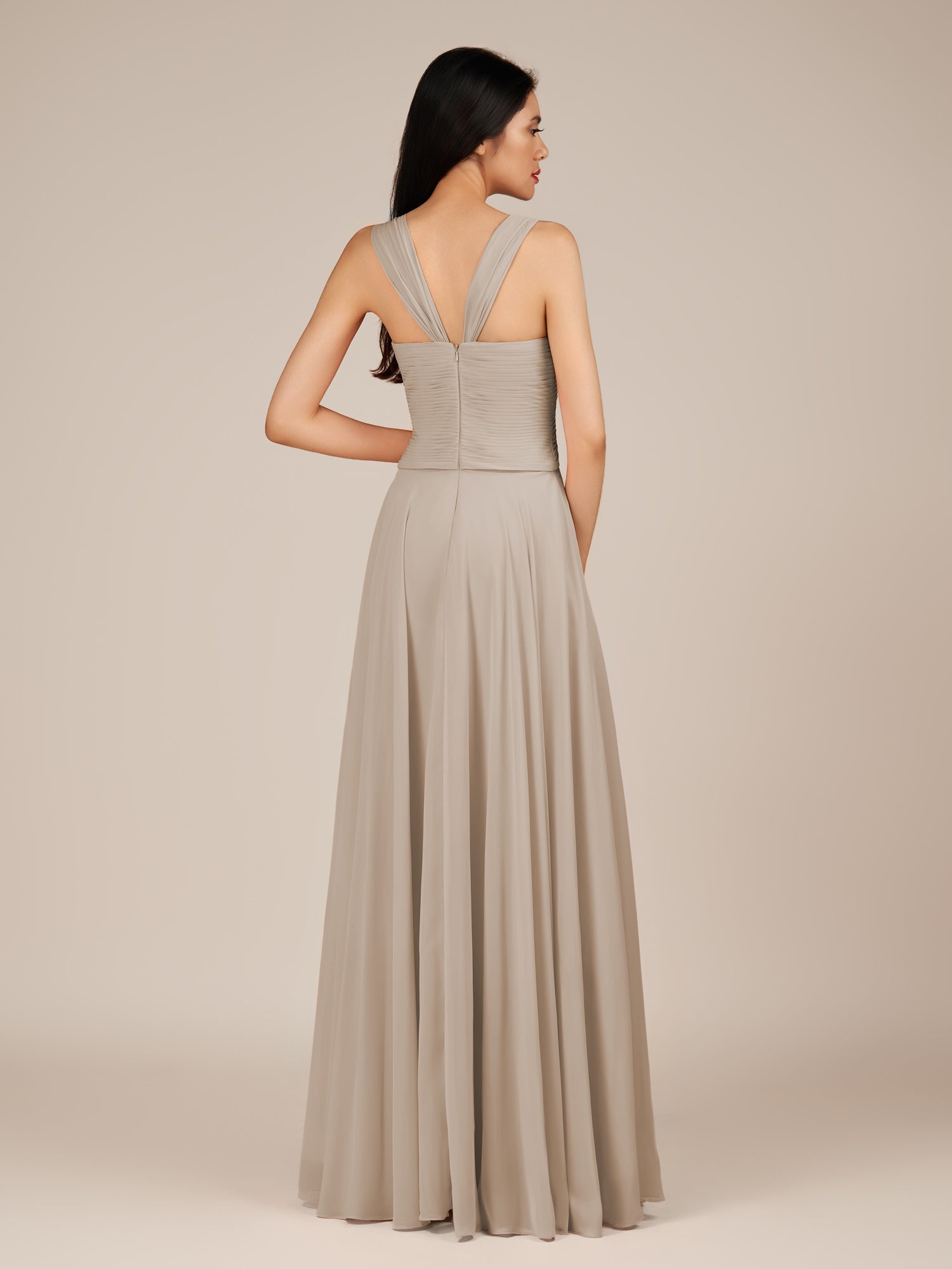 KissDress-Cerelia Frost A Line V Neck Chiffon Long Bridesmaid Dress with Pleats