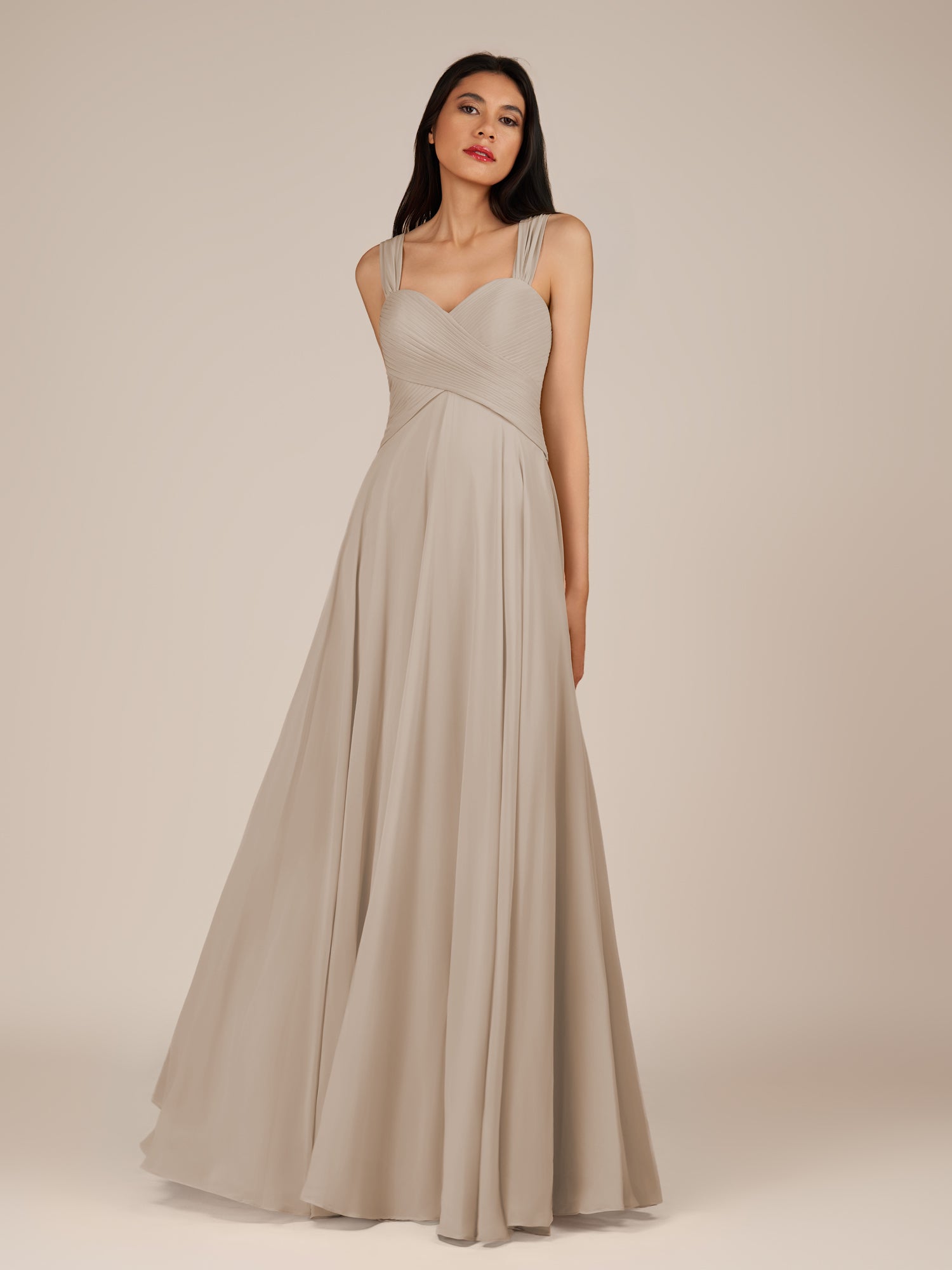 KissDress-Cerelia Frost A Line V Neck Chiffon Long Bridesmaid Dress with Pleats