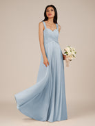 KissDress-Cerelia Ice A Line V Neck Chiffon Long Bridesmaid Dress with Pleats