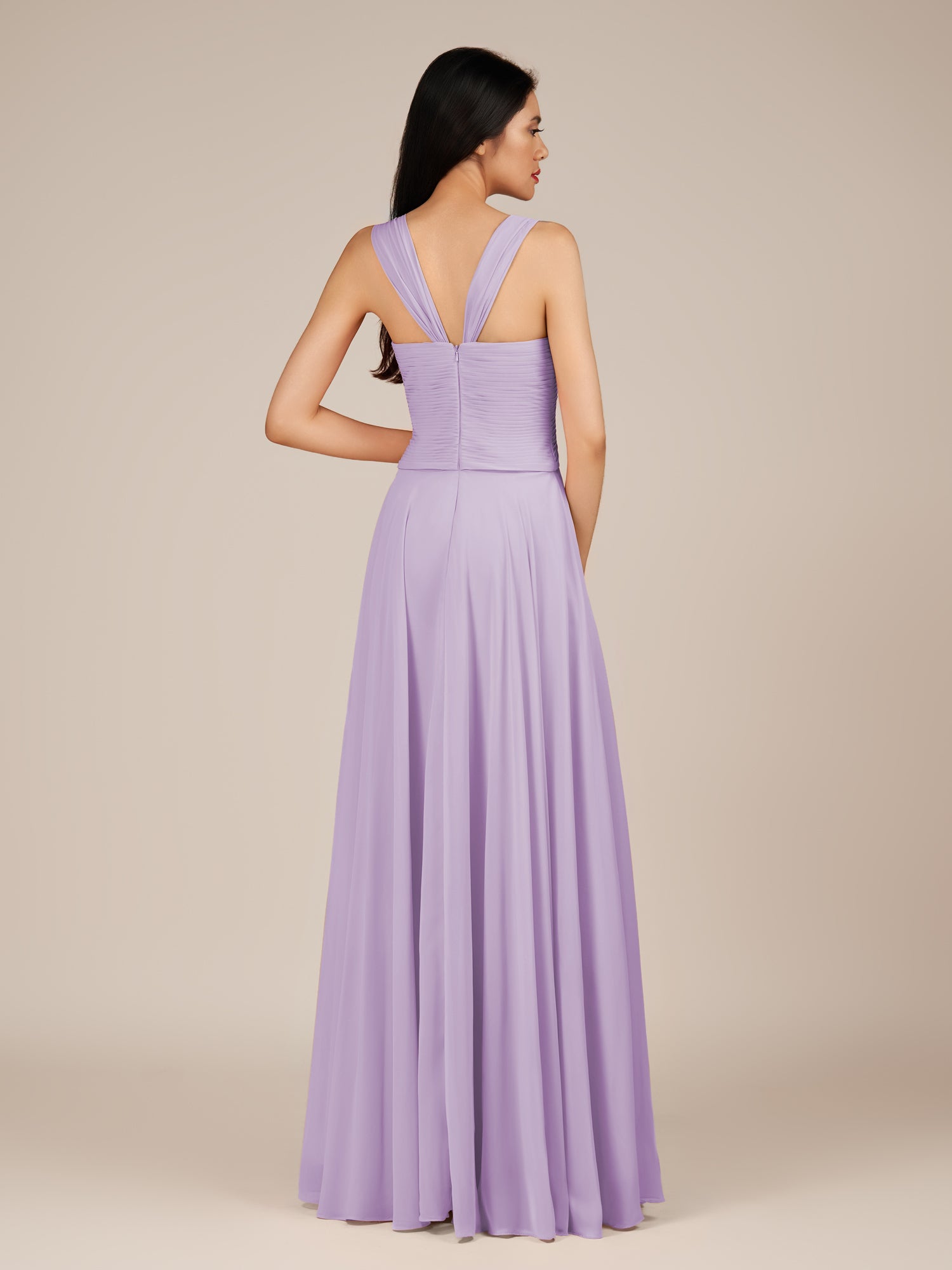 KissDress-Cerelia Lavender A Line V Neck Chiffon Long Bridesmaid Dress with Pleats