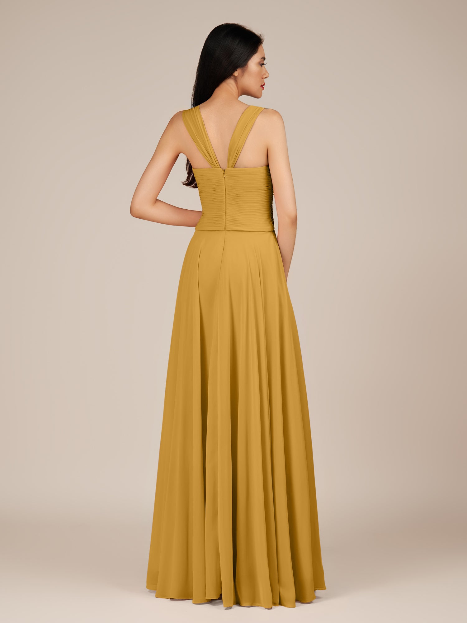 KissDress-Cerelia Marigold A Line V Neck Chiffon Long Bridesmaid Dress with Pleats