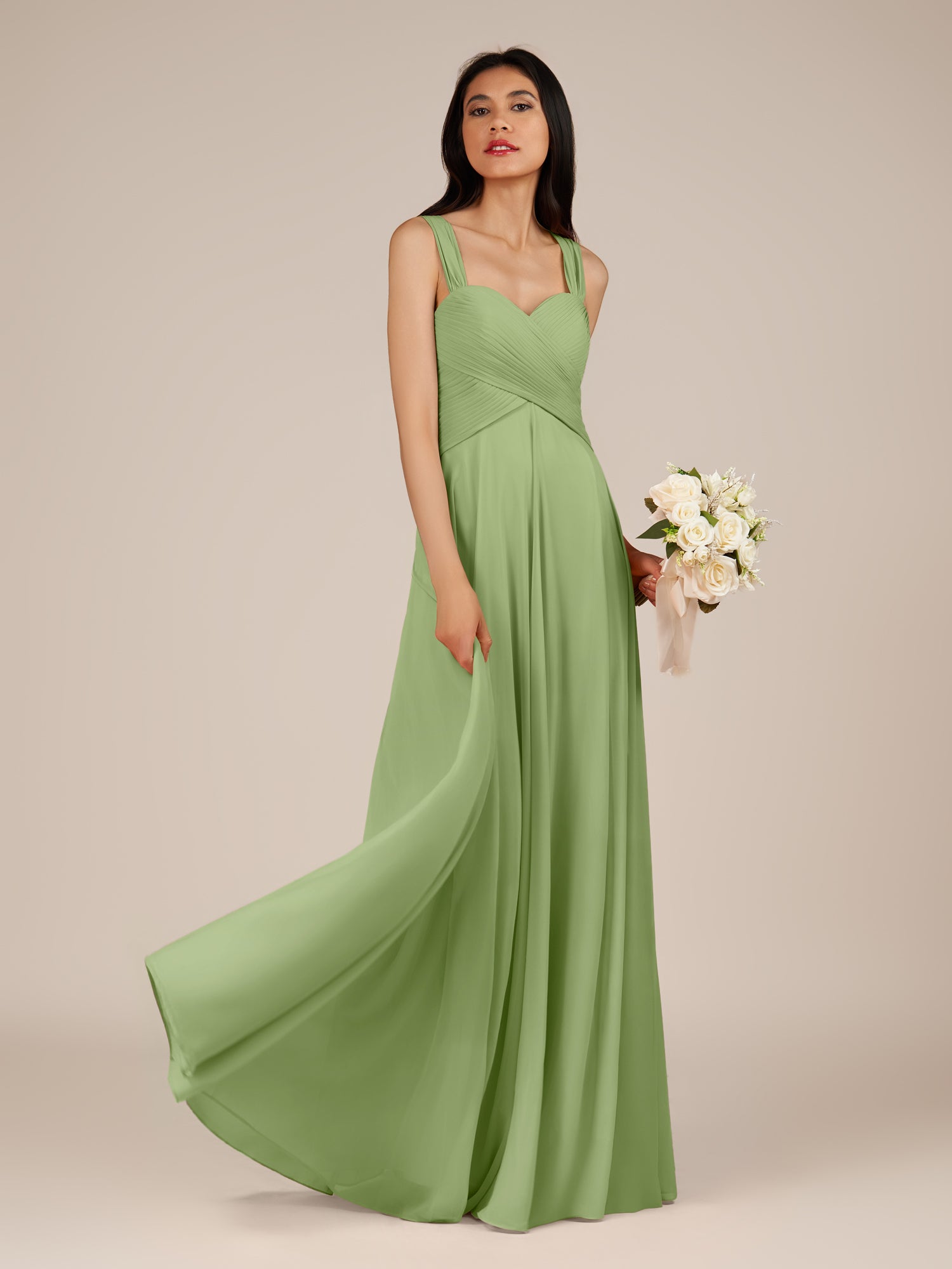KissDress-Cerelia Matcha A Line V Neck Chiffon Long Bridesmaid Dress with Pleats