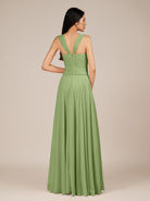 KissDress-Cerelia Matcha A Line V Neck Chiffon Long Bridesmaid Dress with Pleats