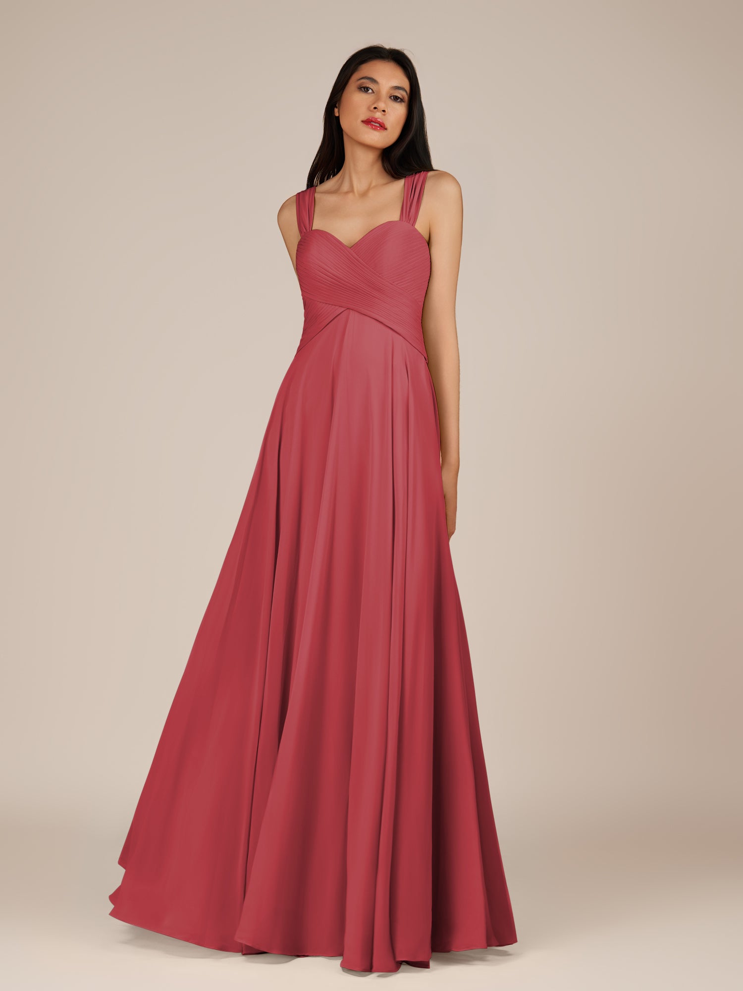 KissDress-Cerelia Merlot A Line V Neck Chiffon Long Bridesmaid Dress with Pleats