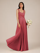 KissDress-Cerelia Merlot A Line V Neck Chiffon Long Bridesmaid Dress with Pleats