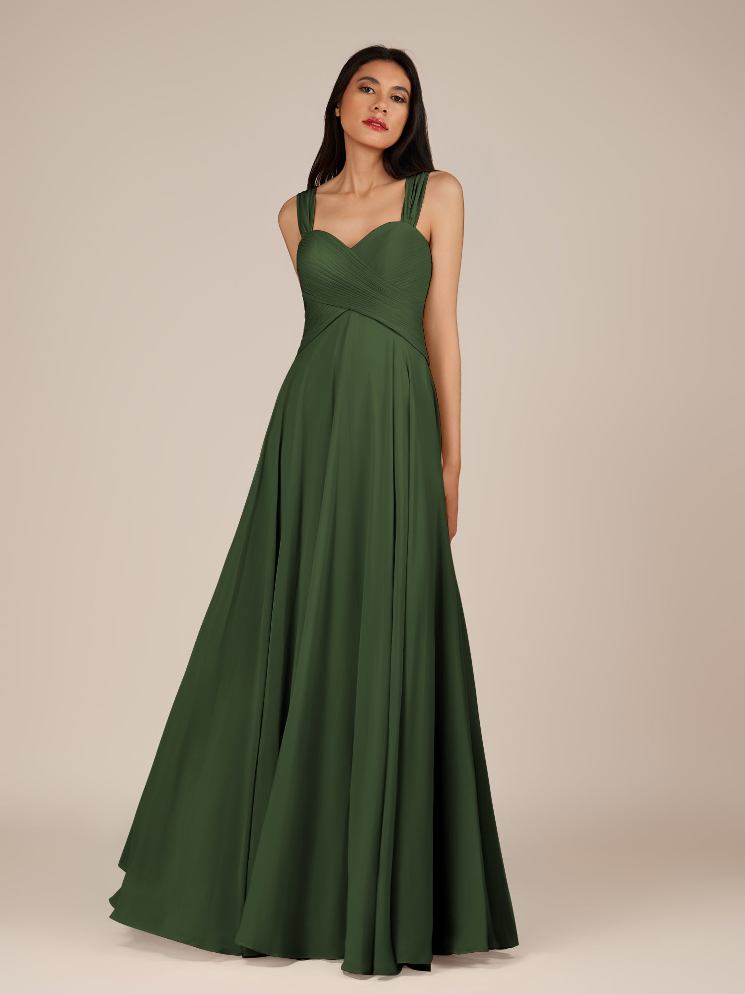 KissDress-Cerelia Moss A Line V Neck Chiffon Long Bridesmaid Dress with Pleats