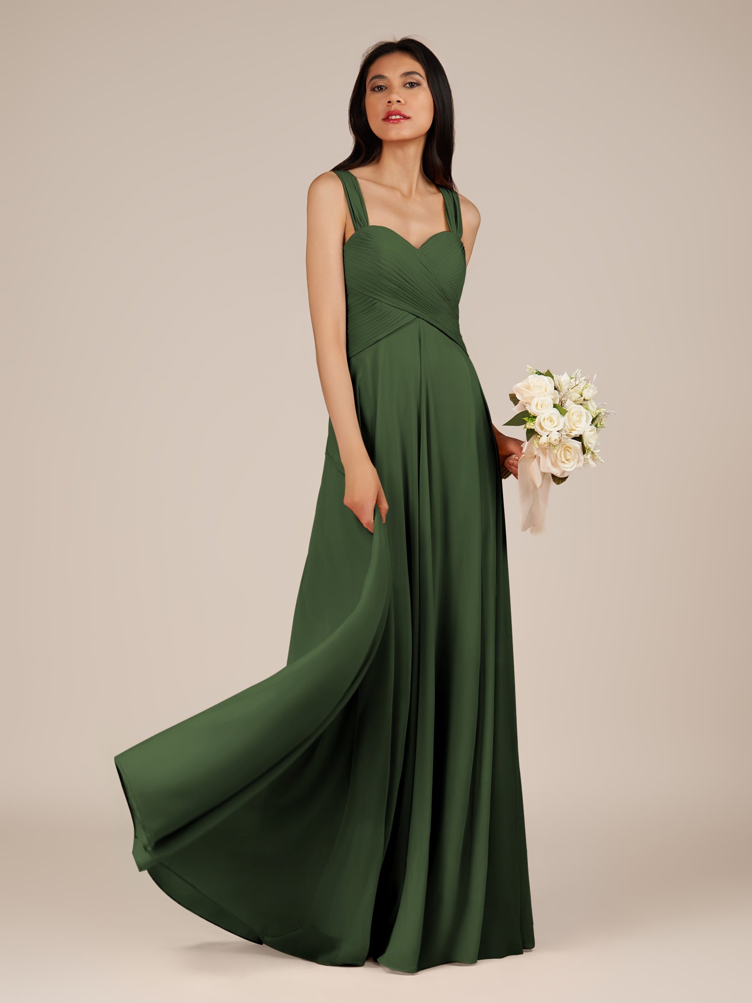 KissDress-Cerelia Moss A Line V Neck Chiffon Long Bridesmaid Dress with Pleats