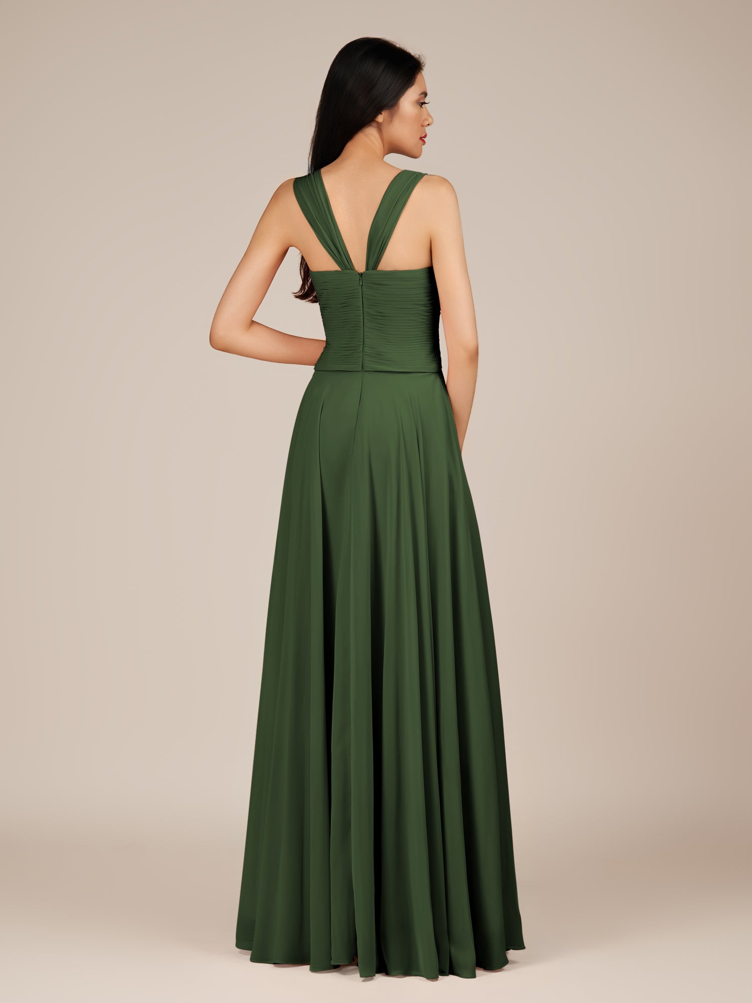KissDress-Cerelia Moss A Line V Neck Chiffon Long Bridesmaid Dress with Pleats