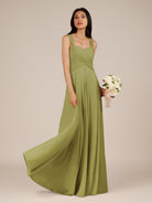 KissDress-Cerelia Moss Green A Line V Neck Chiffon Long Bridesmaid Dress with Pleats