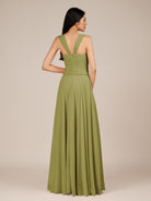 KissDress-Cerelia Moss Green A Line V Neck Chiffon Long Bridesmaid Dress with Pleats
