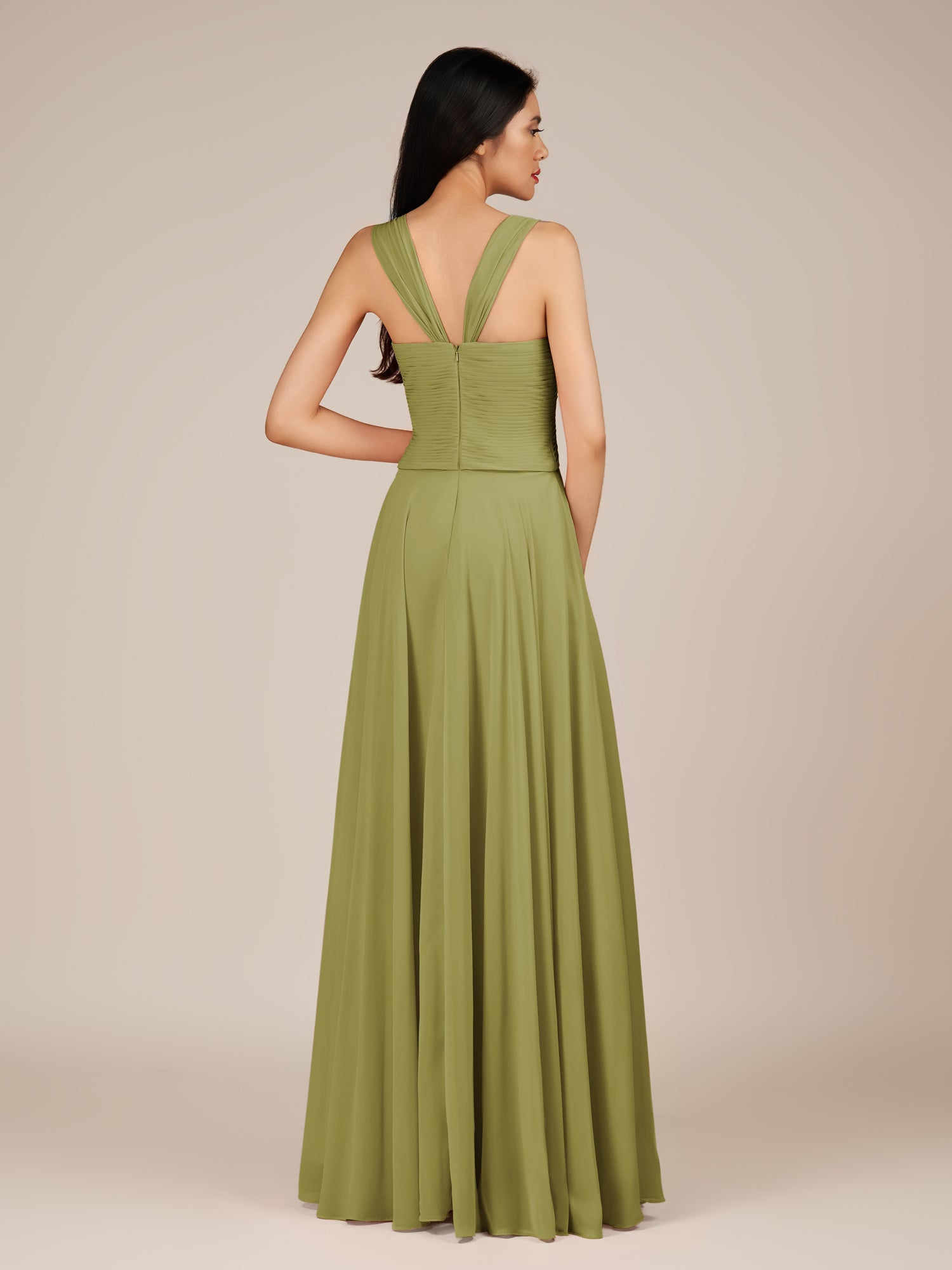 KissDress-Cerelia Moss Green A Line V Neck Chiffon Long Bridesmaid Dress with Pleats
