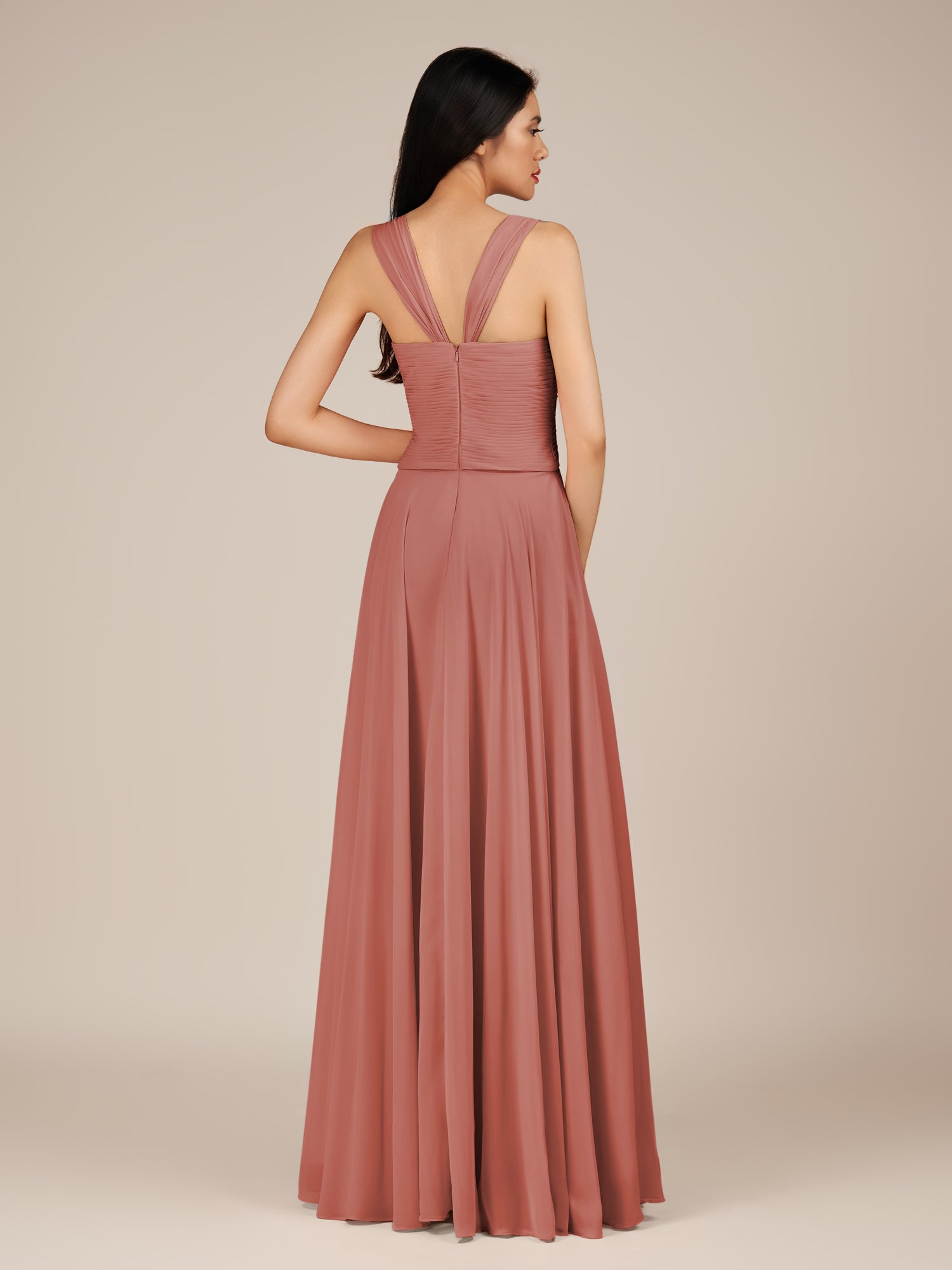 KissDress-Cerelia Mulberry A Line V Neck Chiffon Long Bridesmaid Dress with Pleats